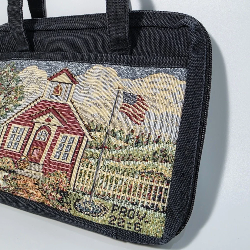 Vintage Black Canvas Needlepoint Bible Book Cover School House Handbag w/Handles